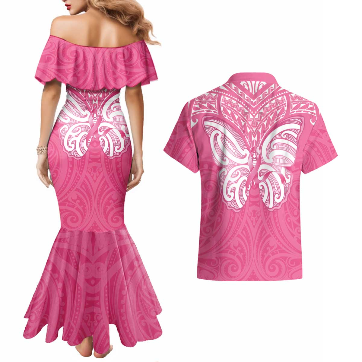 New Zealand Breast Cancer Awareness Couples Matching Mermaid Dress and Hawaiian Shirt Maori Butterfly Pink Ribbon LT14 - Polynesian Pride