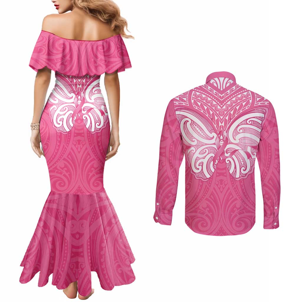 New Zealand Breast Cancer Awareness Couples Matching Mermaid Dress and Long Sleeve Button Shirt Maori Butterfly Pink Ribbon LT14 - Polynesian Pride