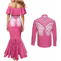 New Zealand Breast Cancer Awareness Couples Matching Mermaid Dress and Long Sleeve Button Shirt Maori Butterfly Pink Ribbon LT14 - Polynesian Pride