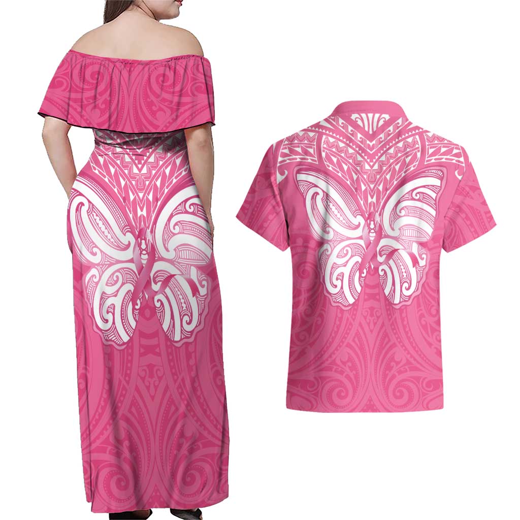 New Zealand Breast Cancer Awareness Couples Matching Off Shoulder Maxi Dress and Hawaiian Shirt Maori Butterfly Pink Ribbon LT14 - Polynesian Pride