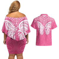 New Zealand Breast Cancer Awareness Couples Matching Off Shoulder Short Dress and Hawaiian Shirt Maori Butterfly Pink Ribbon LT14 - Polynesian Pride