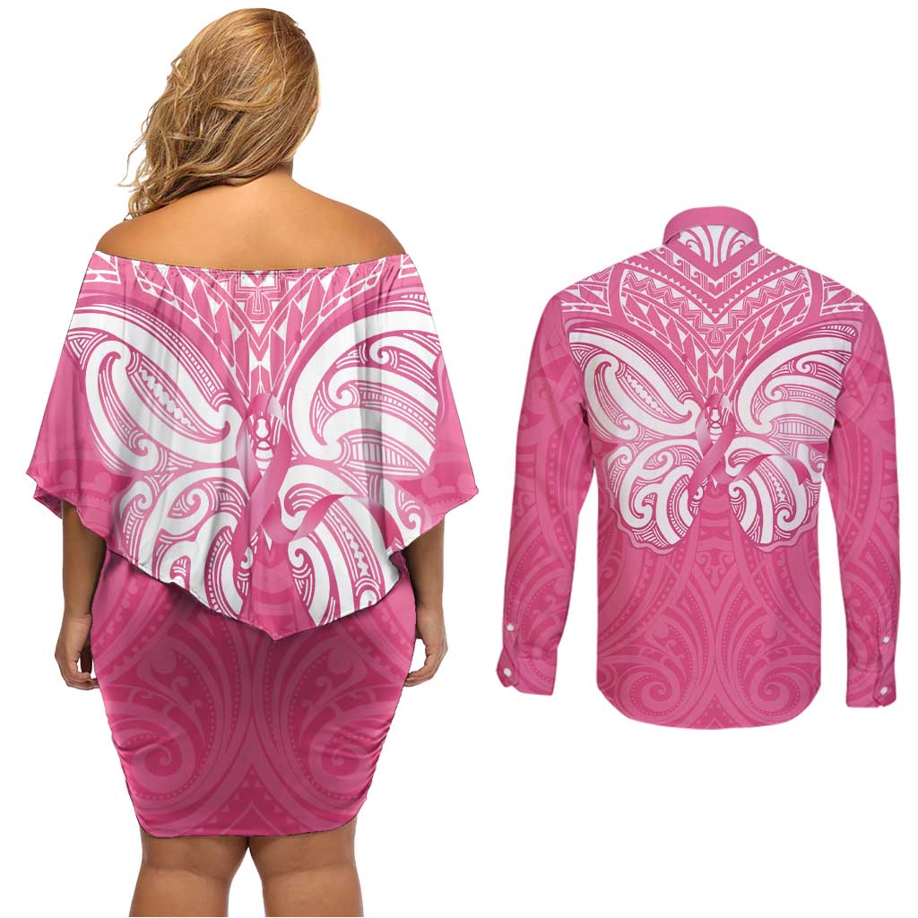 New Zealand Breast Cancer Awareness Couples Matching Off Shoulder Short Dress and Long Sleeve Button Shirt Maori Butterfly Pink Ribbon LT14 - Polynesian Pride