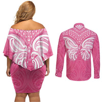 New Zealand Breast Cancer Awareness Couples Matching Off Shoulder Short Dress and Long Sleeve Button Shirt Maori Butterfly Pink Ribbon LT14 - Polynesian Pride