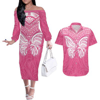 New Zealand Breast Cancer Awareness Couples Matching Off The Shoulder Long Sleeve Dress and Hawaiian Shirt Maori Butterfly Pink Ribbon LT14 Pink - Polynesian Pride
