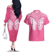 New Zealand Breast Cancer Awareness Couples Matching Off The Shoulder Long Sleeve Dress and Hawaiian Shirt Maori Butterfly Pink Ribbon LT14 - Polynesian Pride