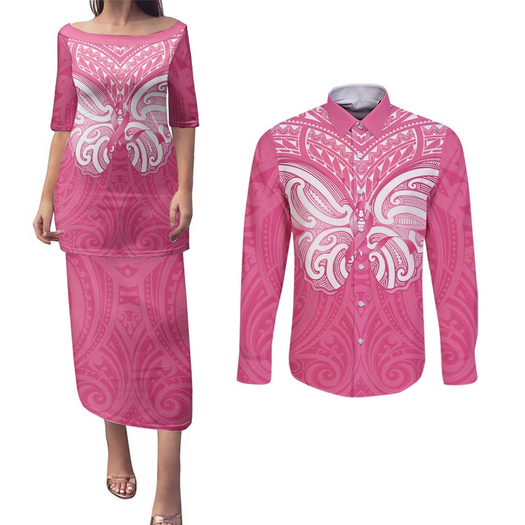 New Zealand Breast Cancer Awareness Couples Matching Puletasi and Long Sleeve Button Shirt Maori Butterfly Pink Ribbon LT14 Pink - Polynesian Pride