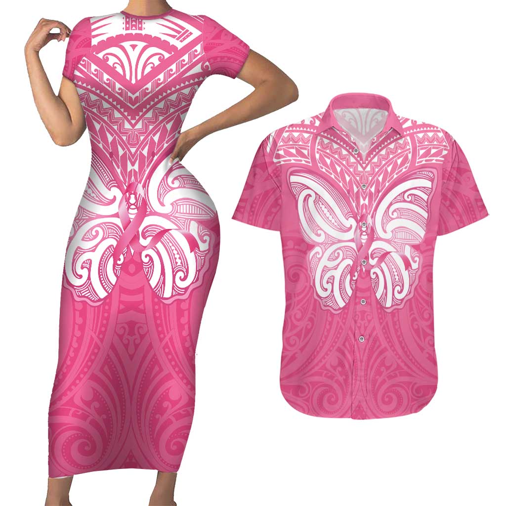 New Zealand Breast Cancer Awareness Couples Matching Short Sleeve Bodycon Dress and Hawaiian Shirt Maori Butterfly Pink Ribbon LT14 Pink - Polynesian Pride