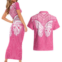 New Zealand Breast Cancer Awareness Couples Matching Short Sleeve Bodycon Dress and Hawaiian Shirt Maori Butterfly Pink Ribbon LT14 - Polynesian Pride