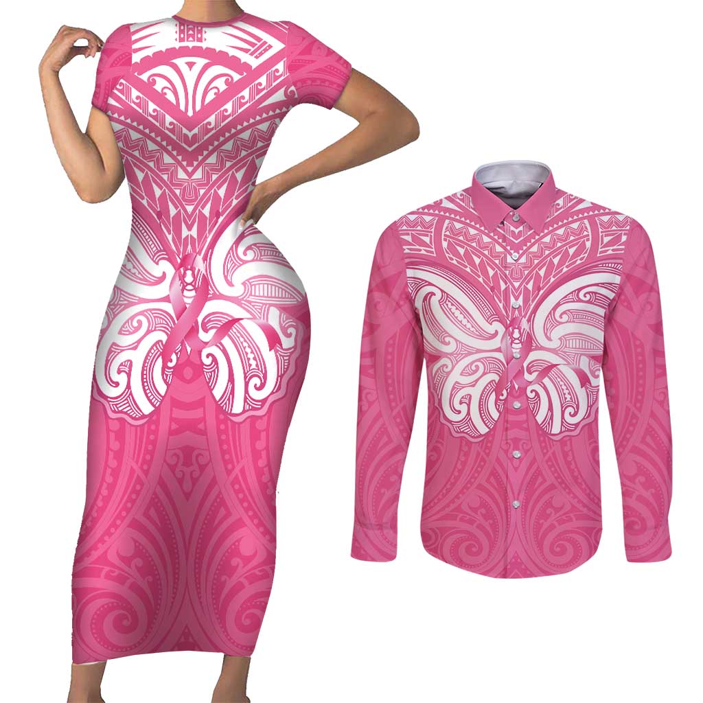 New Zealand Breast Cancer Awareness Couples Matching Short Sleeve Bodycon Dress and Long Sleeve Button Shirt Maori Butterfly Pink Ribbon LT14 Pink - Polynesian Pride
