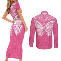 New Zealand Breast Cancer Awareness Couples Matching Short Sleeve Bodycon Dress and Long Sleeve Button Shirt Maori Butterfly Pink Ribbon LT14 - Polynesian Pride
