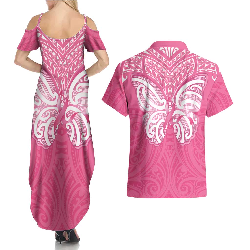 New Zealand Breast Cancer Awareness Couples Matching Summer Maxi Dress and Hawaiian Shirt Maori Butterfly Pink Ribbon LT14 - Polynesian Pride