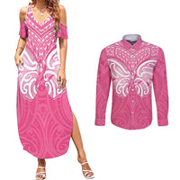 New Zealand Breast Cancer Awareness Couples Matching Summer Maxi Dress and Long Sleeve Button Shirt Maori Butterfly Pink Ribbon LT14 Pink - Polynesian Pride