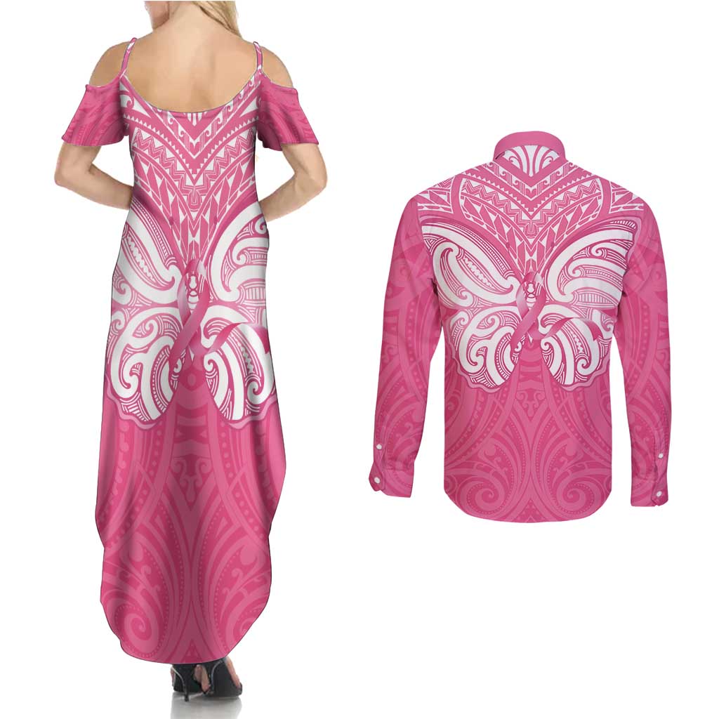New Zealand Breast Cancer Awareness Couples Matching Summer Maxi Dress and Long Sleeve Button Shirt Maori Butterfly Pink Ribbon LT14 - Polynesian Pride
