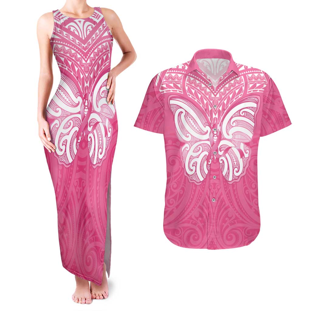 New Zealand Breast Cancer Awareness Couples Matching Tank Maxi Dress and Hawaiian Shirt Maori Butterfly Pink Ribbon LT14 Pink - Polynesian Pride