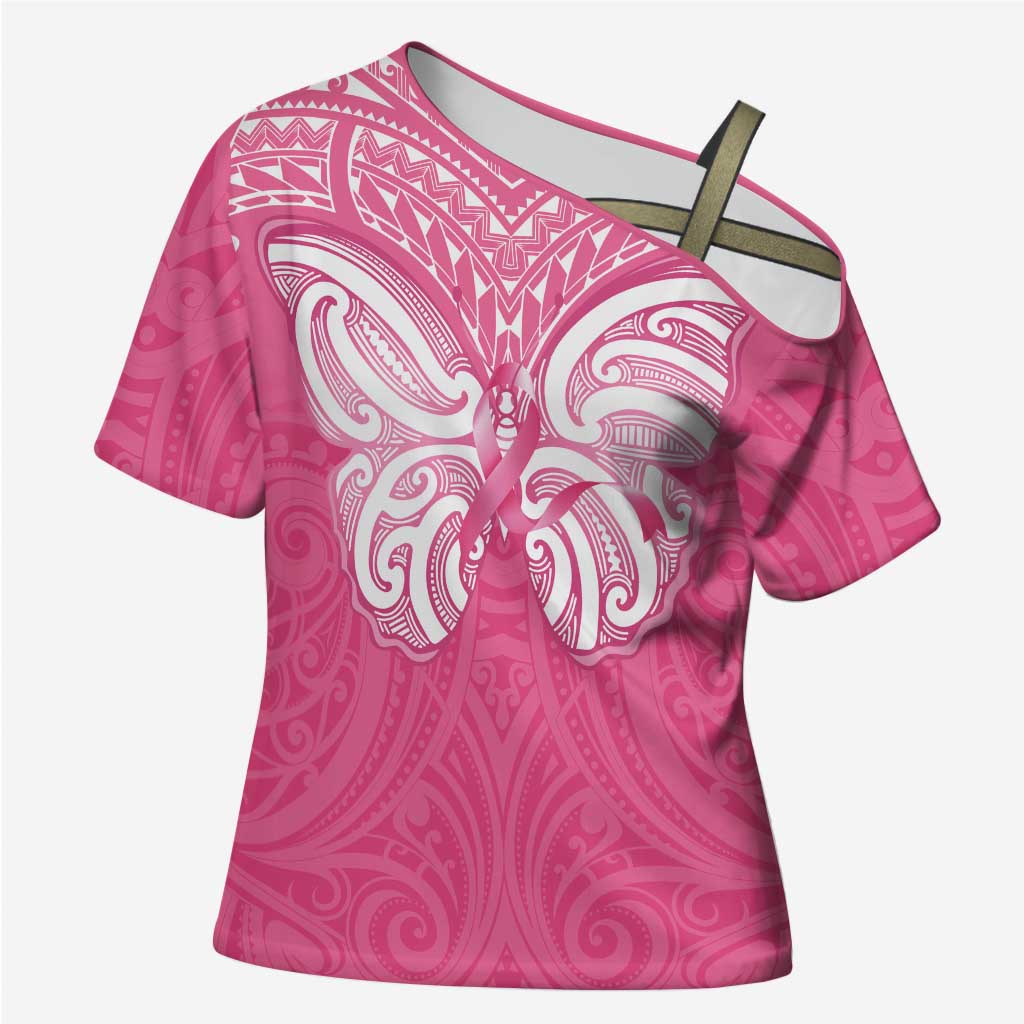 New Zealand Breast Cancer Awareness Cross Shoulder Shirt Maori Butterfly Pink Ribbon LT14 Female Pink - Polynesian Pride
