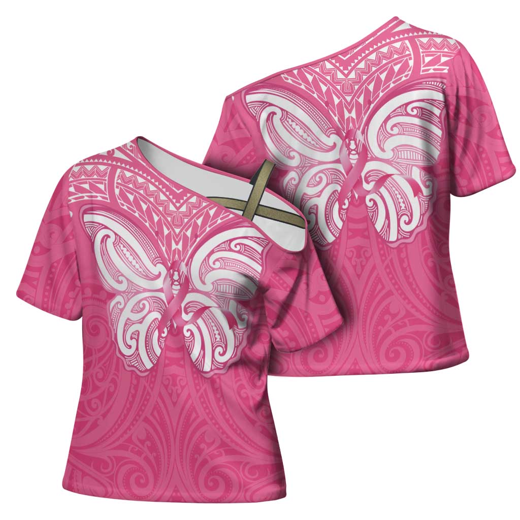 New Zealand Breast Cancer Awareness Cross Shoulder Shirt Maori Butterfly Pink Ribbon LT14 - Polynesian Pride