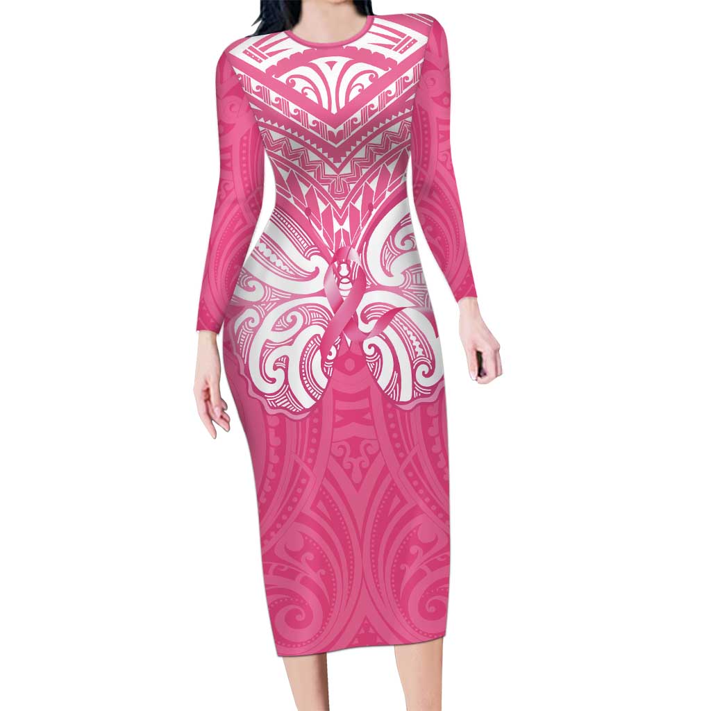 New Zealand Breast Cancer Awareness Family Matching Long Sleeve Bodycon Dress and Hawaiian Shirt Maori Butterfly Pink Ribbon LT14 Mom's Dress Pink - Polynesian Pride