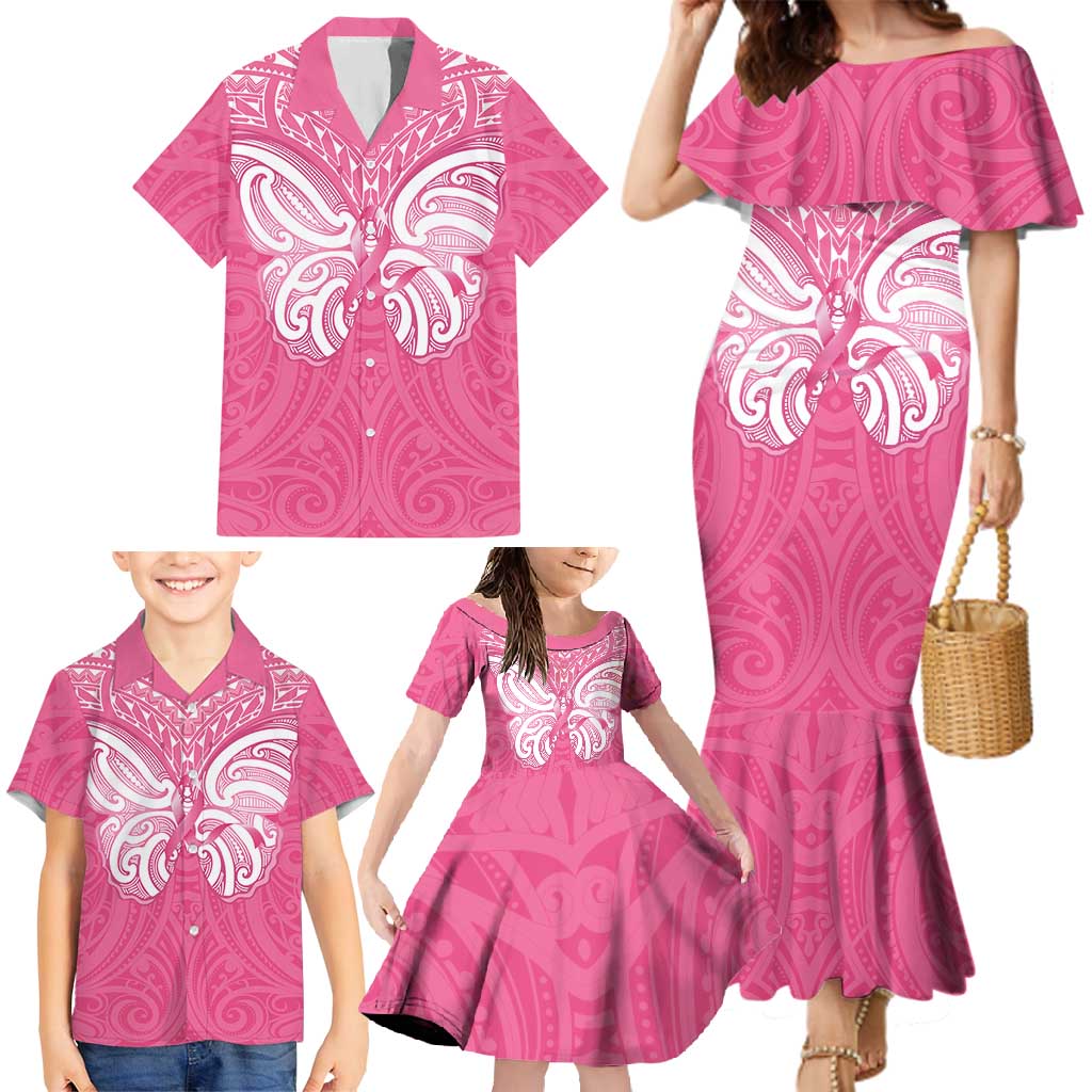 New Zealand Breast Cancer Awareness Family Matching Mermaid Dress and Hawaiian Shirt Maori Butterfly Pink Ribbon LT14 - Polynesian Pride