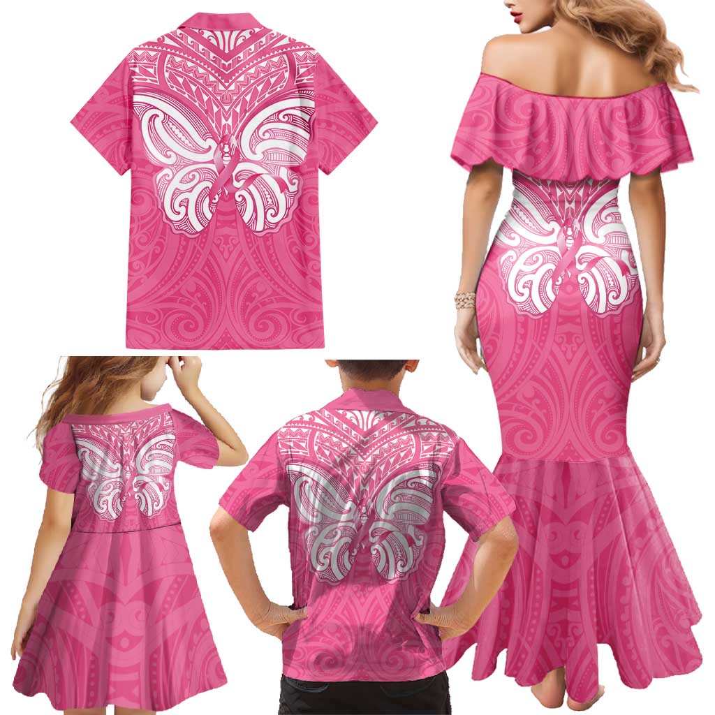 New Zealand Breast Cancer Awareness Family Matching Mermaid Dress and Hawaiian Shirt Maori Butterfly Pink Ribbon LT14 - Polynesian Pride