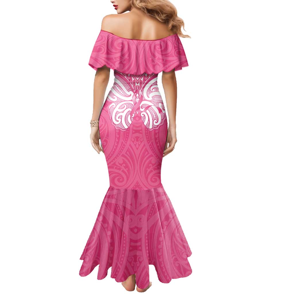 New Zealand Breast Cancer Awareness Family Matching Mermaid Dress and Hawaiian Shirt Maori Butterfly Pink Ribbon LT14 - Polynesian Pride