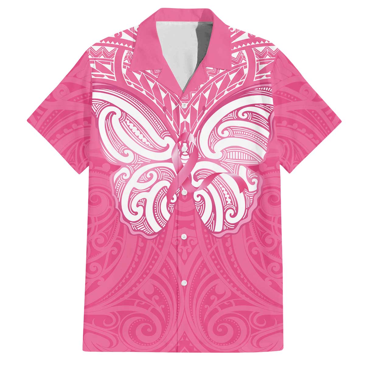 New Zealand Breast Cancer Awareness Family Matching Off The Shoulder Long Sleeve Dress and Hawaiian Shirt Maori Butterfly Pink Ribbon LT14 Dad's Shirt - Short Sleeve Pink - Polynesian Pride