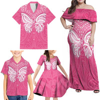 New Zealand Breast Cancer Awareness Family Matching Off Shoulder Maxi Dress and Hawaiian Shirt Maori Butterfly Pink Ribbon LT14 - Polynesian Pride