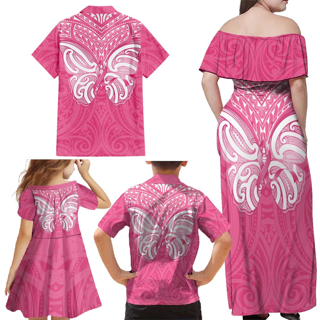 New Zealand Breast Cancer Awareness Family Matching Off Shoulder Maxi Dress and Hawaiian Shirt Maori Butterfly Pink Ribbon LT14 - Polynesian Pride