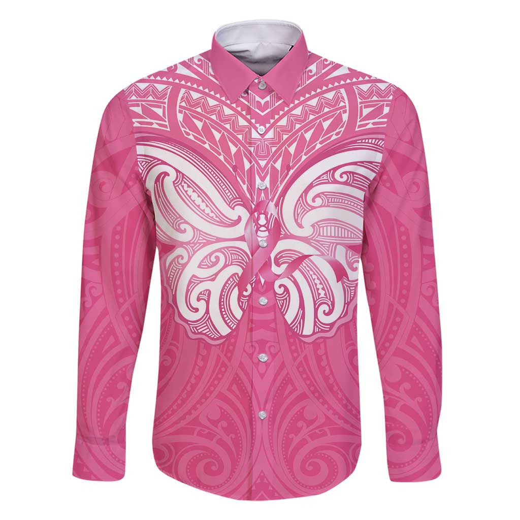 New Zealand Breast Cancer Awareness Family Matching Off Shoulder Maxi Dress and Hawaiian Shirt Maori Butterfly Pink Ribbon LT14 Dad's Shirt - Long Sleeve Pink - Polynesian Pride