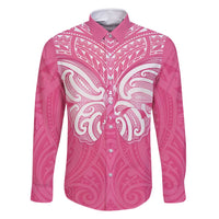New Zealand Breast Cancer Awareness Family Matching Off Shoulder Maxi Dress and Hawaiian Shirt Maori Butterfly Pink Ribbon LT14 Dad's Shirt - Long Sleeve Pink - Polynesian Pride