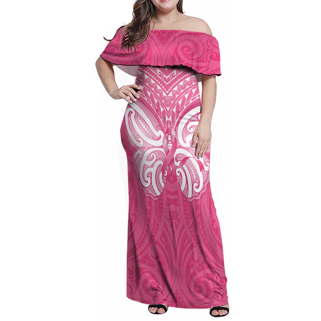 New Zealand Breast Cancer Awareness Family Matching Off Shoulder Maxi Dress and Hawaiian Shirt Maori Butterfly Pink Ribbon LT14 Mom's Dress Pink - Polynesian Pride