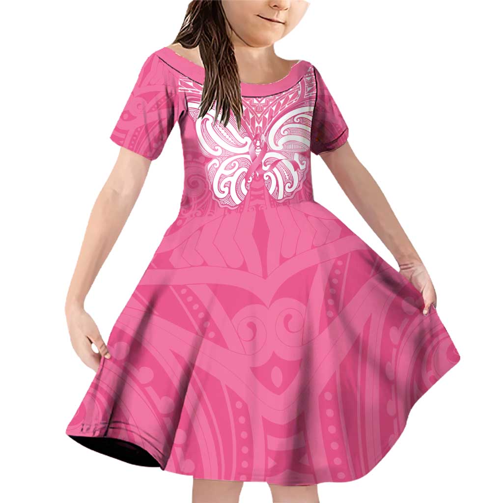 New Zealand Breast Cancer Awareness Family Matching Off Shoulder Short Dress and Hawaiian Shirt Maori Butterfly Pink Ribbon LT14 Daughter's Dress Pink - Polynesian Pride