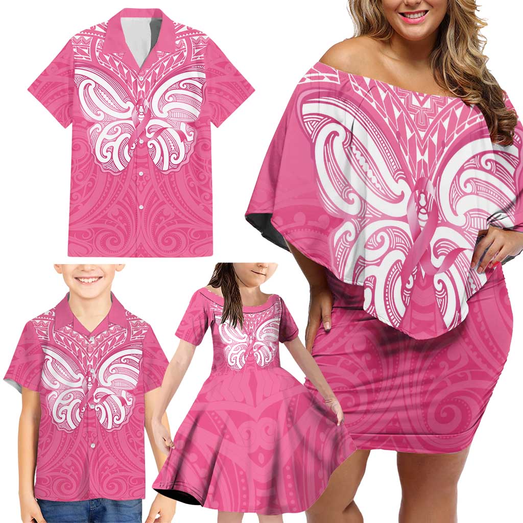 New Zealand Breast Cancer Awareness Family Matching Off Shoulder Short Dress and Hawaiian Shirt Maori Butterfly Pink Ribbon LT14 - Polynesian Pride
