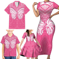 New Zealand Breast Cancer Awareness Family Matching Short Sleeve Bodycon Dress and Hawaiian Shirt Maori Butterfly Pink Ribbon LT14 - Polynesian Pride