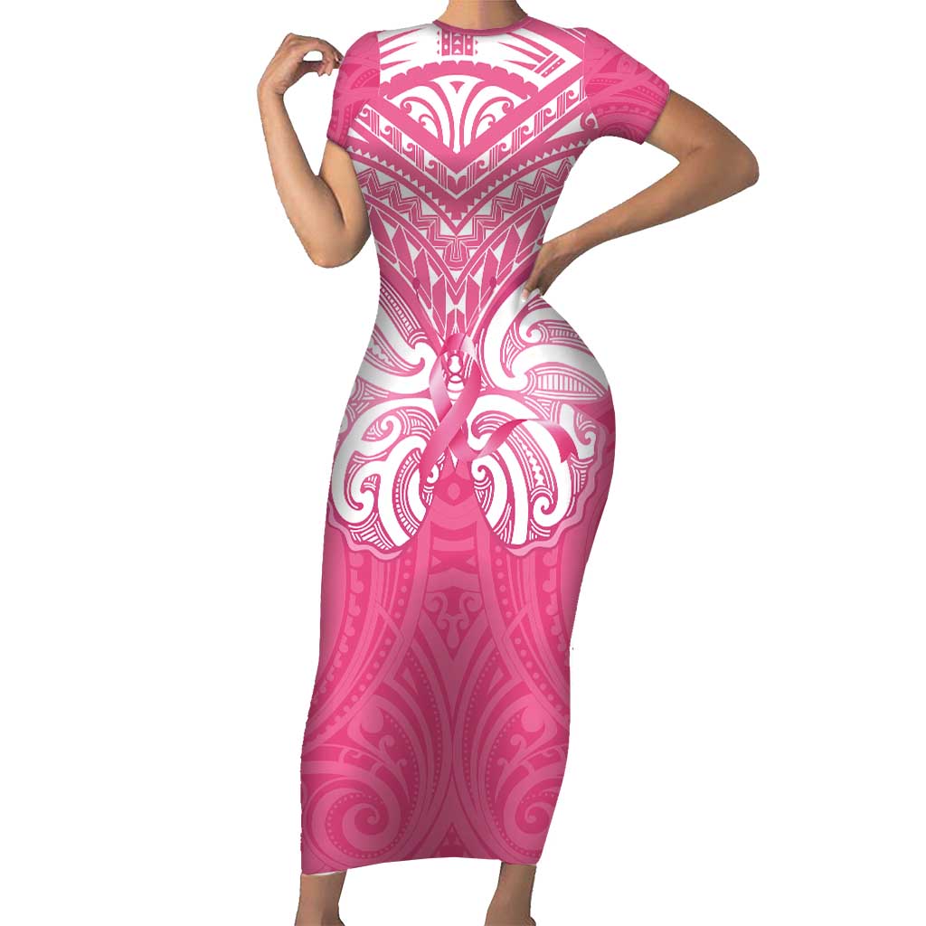 New Zealand Breast Cancer Awareness Family Matching Short Sleeve Bodycon Dress and Hawaiian Shirt Maori Butterfly Pink Ribbon LT14 Mom's Dress Pink - Polynesian Pride