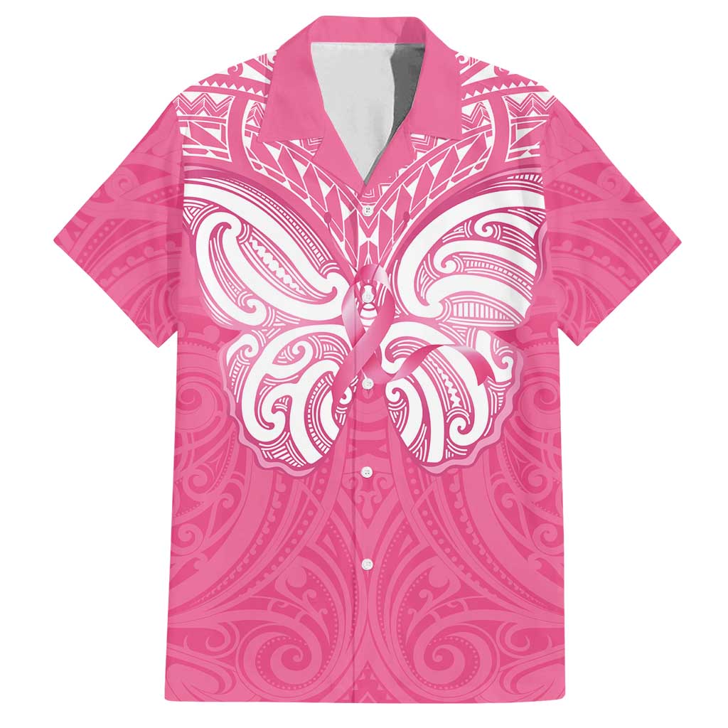 New Zealand Breast Cancer Awareness Family Matching Summer Maxi Dress and Hawaiian Shirt Maori Butterfly Pink Ribbon LT14 Dad's Shirt - Short Sleeve Pink - Polynesian Pride