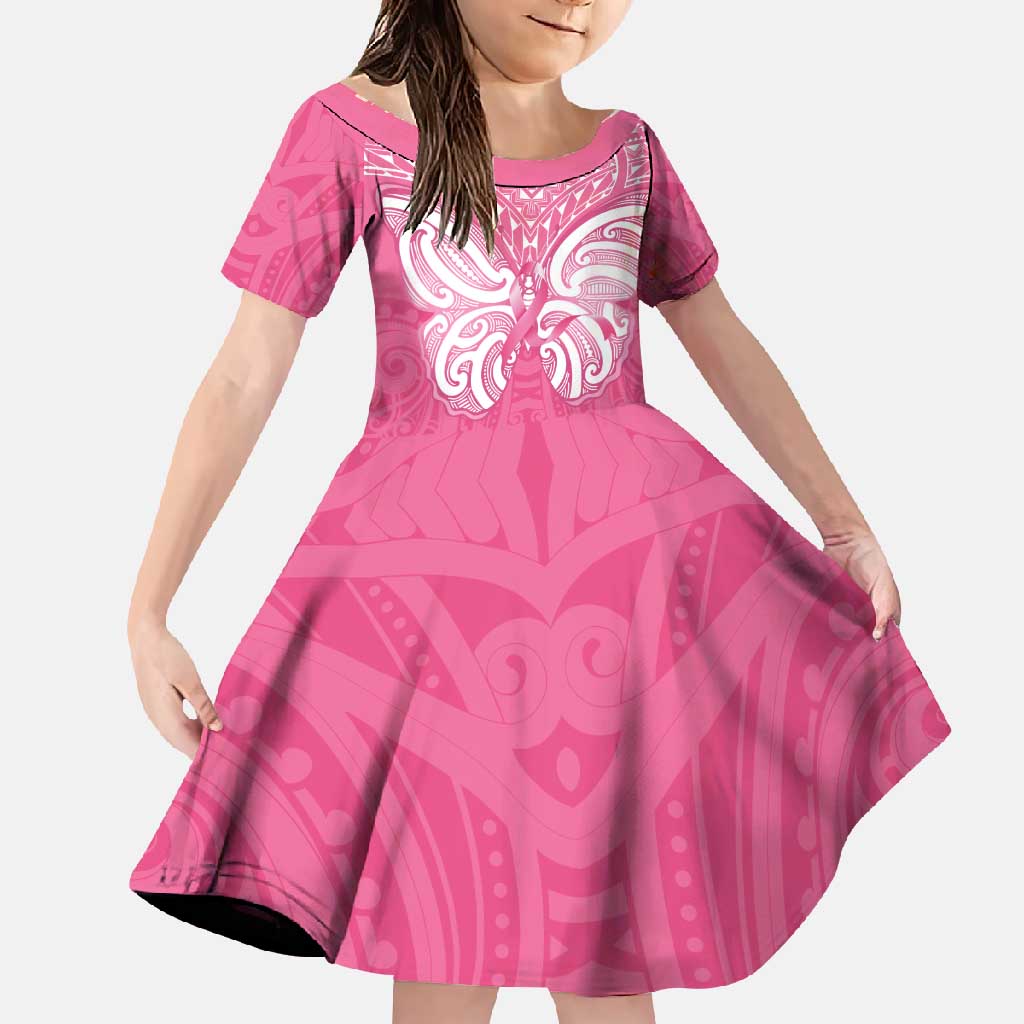 New Zealand Breast Cancer Awareness Family Matching Tank Maxi Dress and Hawaiian Shirt Maori Butterfly Pink Ribbon LT14 Daughter's Dress Pink - Polynesian Pride