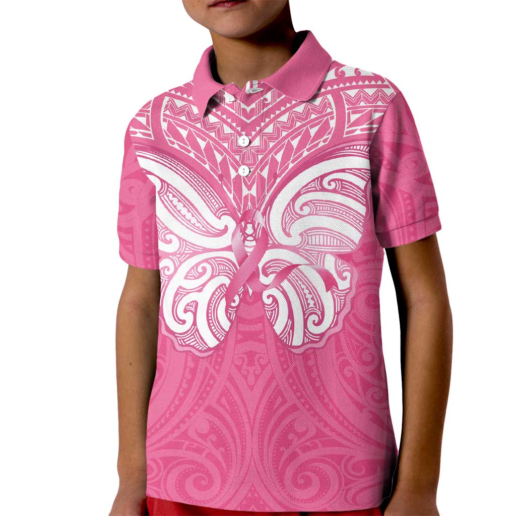 New Zealand Breast Cancer Awareness Kid Polo Shirt Maori Butterfly Pink Ribbon LT14 Kid Pink - Polynesian Pride