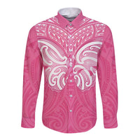 New Zealand Breast Cancer Awareness Long Sleeve Button Shirt Maori Butterfly Pink Ribbon LT14 Unisex Pink - Polynesian Pride