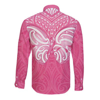New Zealand Breast Cancer Awareness Long Sleeve Button Shirt Maori Butterfly Pink Ribbon LT14 - Polynesian Pride