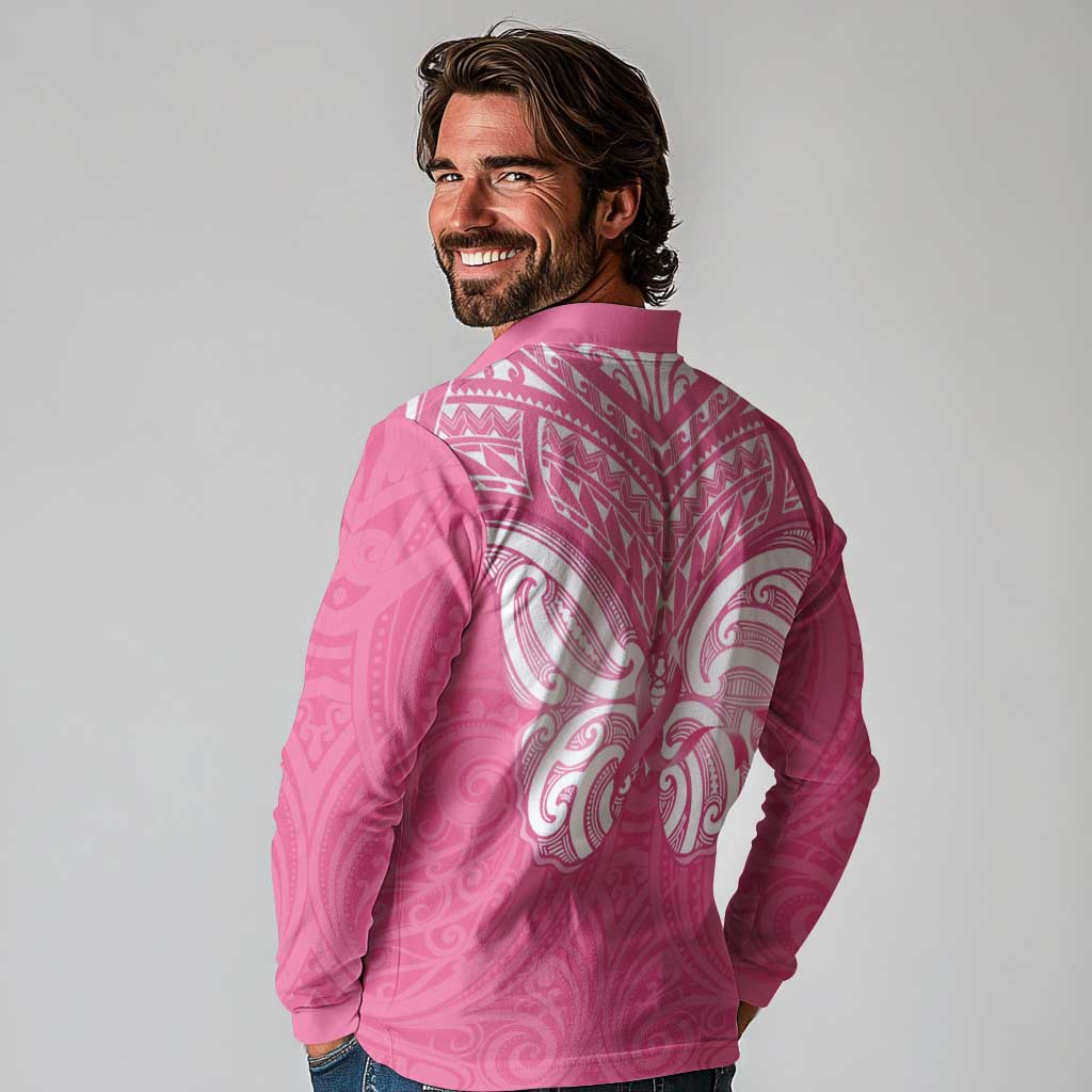 New Zealand Breast Cancer Awareness Long Sleeve Polo Shirt Maori Butterfly Pink Ribbon LT14 - Polynesian Pride