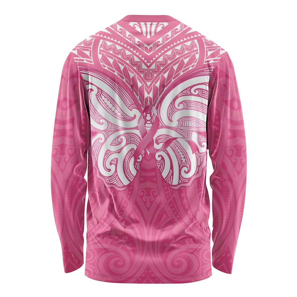 New Zealand Breast Cancer Awareness Long Sleeve Shirt Maori Butterfly Pink Ribbon LT14 - Polynesian Pride