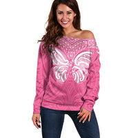 New Zealand Breast Cancer Awareness Off Shoulder Sweater Maori Butterfly Pink Ribbon LT14 Women Pink - Polynesian Pride