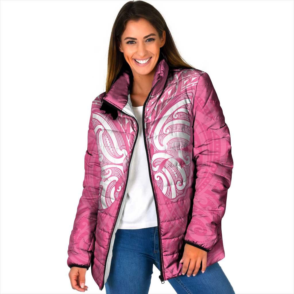 New Zealand Breast Cancer Awareness Padded Jacket Maori Butterfly Pink Ribbon LT14 Women Pink - Polynesian Pride