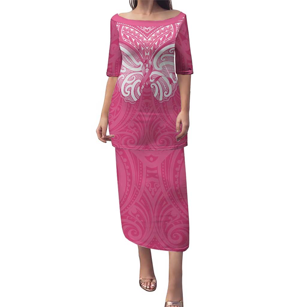 New Zealand Breast Cancer Awareness Puletasi Maori Butterfly Pink Ribbon LT14 Long Dress Pink - Polynesian Pride