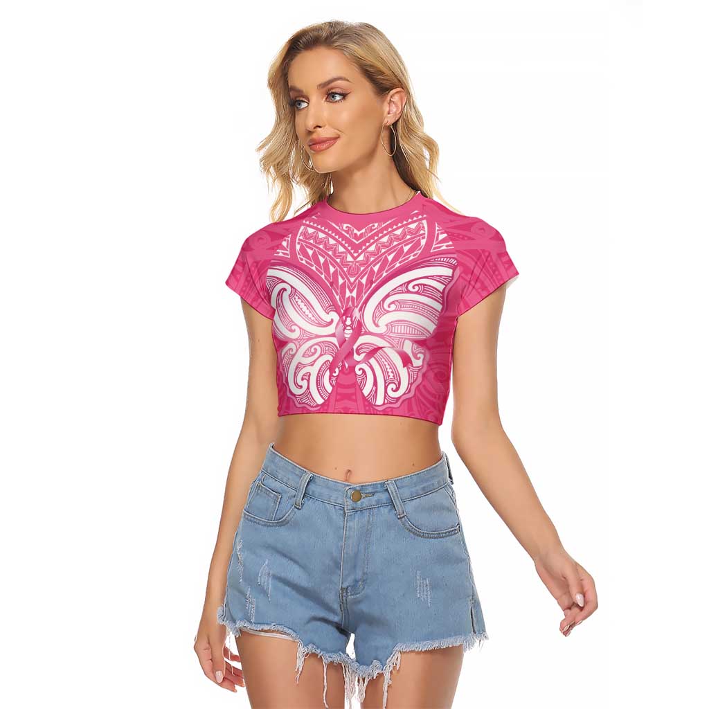New Zealand Breast Cancer Awareness Raglan Cropped T Shirt Maori Butterfly Pink Ribbon LT14 Female Pink - Polynesian Pride