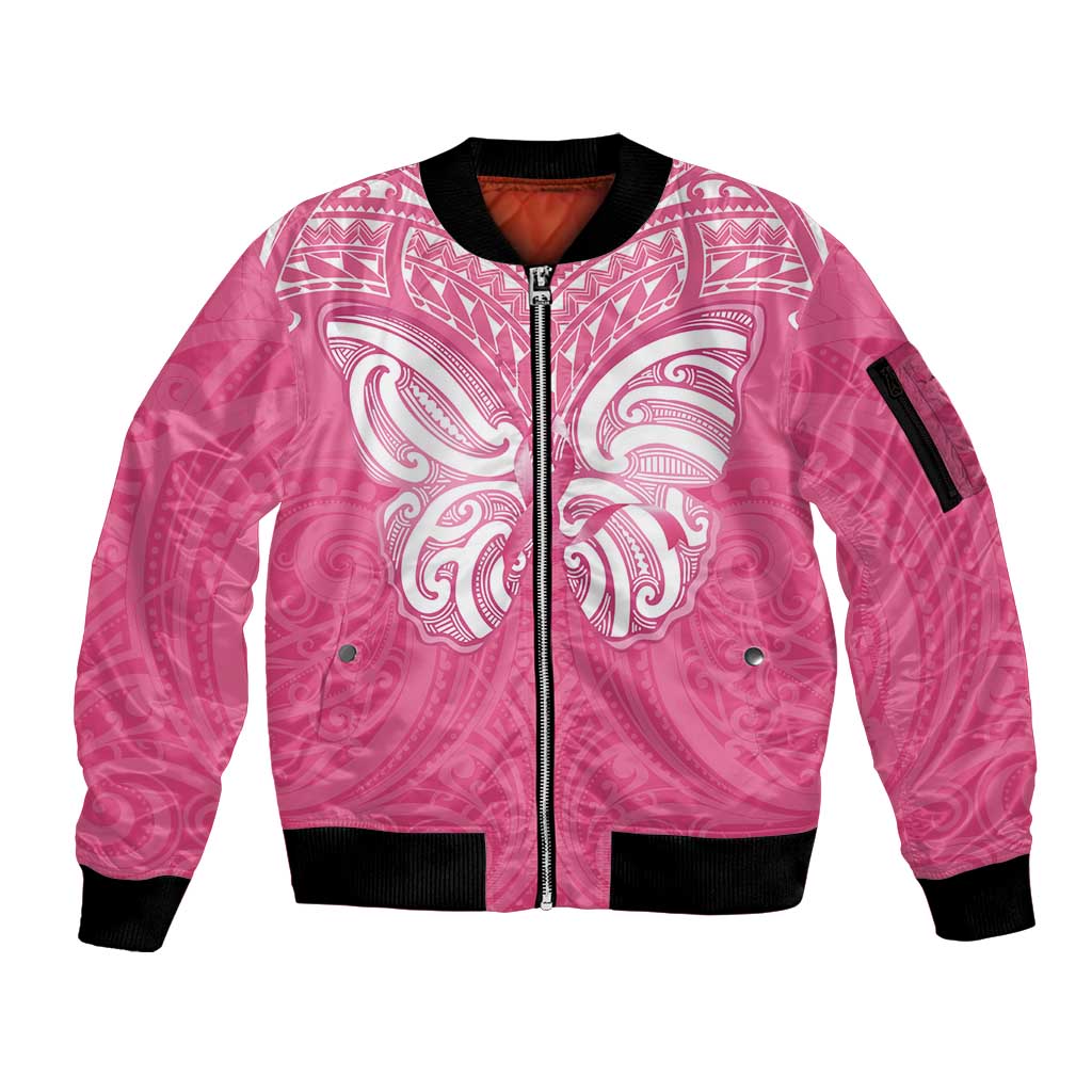 New Zealand Breast Cancer Awareness Sleeve Zip Bomber Jacket Maori Butterfly Pink Ribbon LT14 Unisex Pink - Polynesian Pride