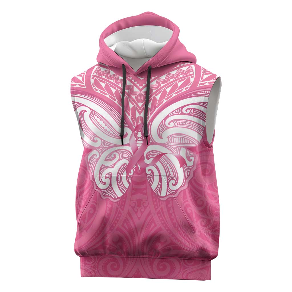 New Zealand Breast Cancer Awareness Sleeveless Hoodie Maori Butterfly Pink Ribbon - Polynesian Pride
