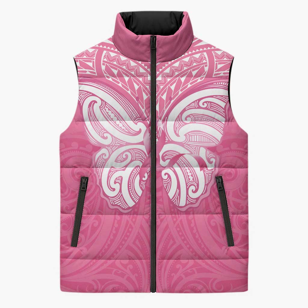 New Zealand Breast Cancer Awareness Sleeveless Puffer Jacket Maori Butterfly Pink Ribbon LT14 Unisex Pink - Polynesian Pride