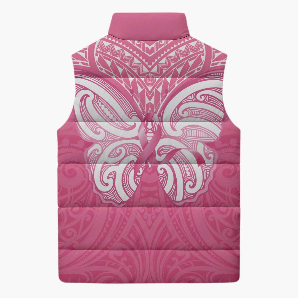 New Zealand Breast Cancer Awareness Sleeveless Puffer Jacket Maori Butterfly Pink Ribbon LT14 - Polynesian Pride