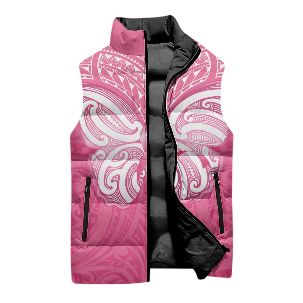 New Zealand Breast Cancer Awareness Sleeveless Puffer Jacket Maori Butterfly Pink Ribbon LT14 - Polynesian Pride